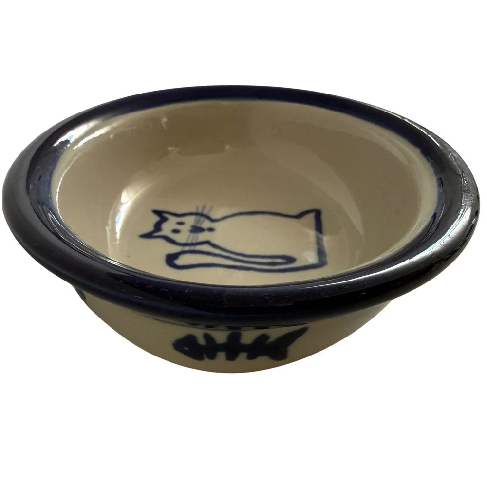 Boots &‎ Barkley Hand Painted Stoneware Cat Food Bowl Blue Fish Oval 6.5